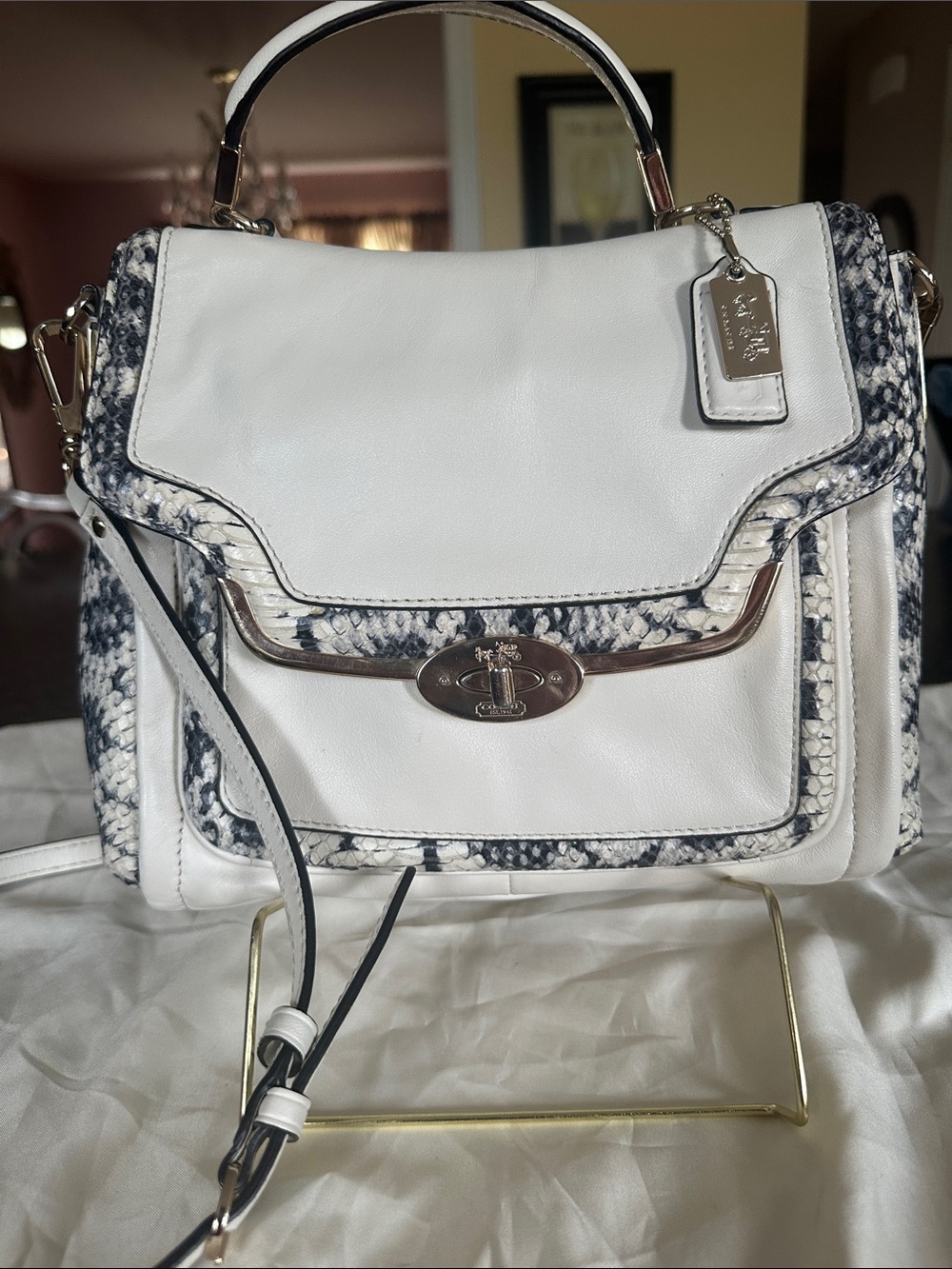 Coach Madison Two Tone White/Python Embossed Leather Satchel/Crossbody Bag 27849